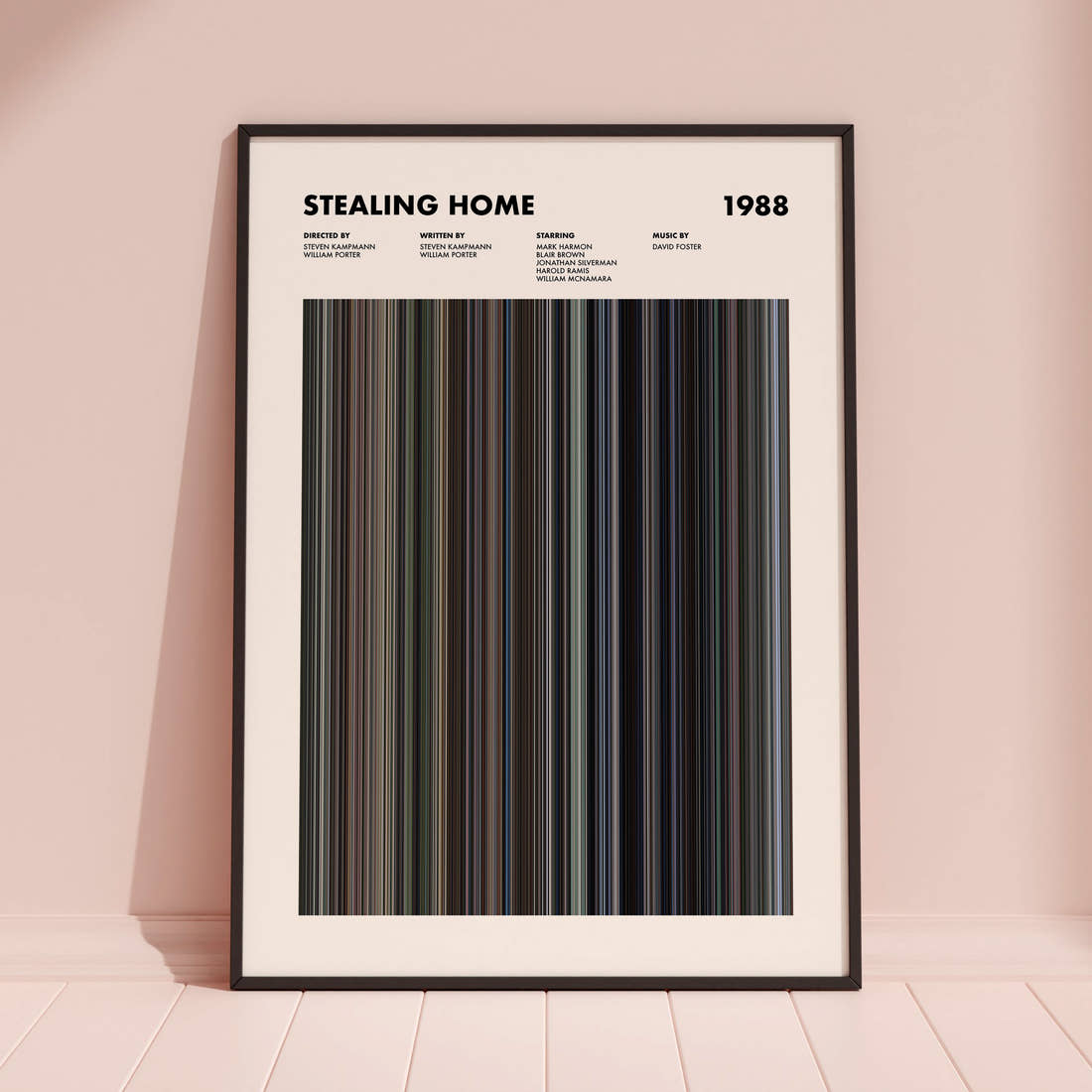 Stealing Home Movie Barcode Poster framed and leaning against a coloured wall