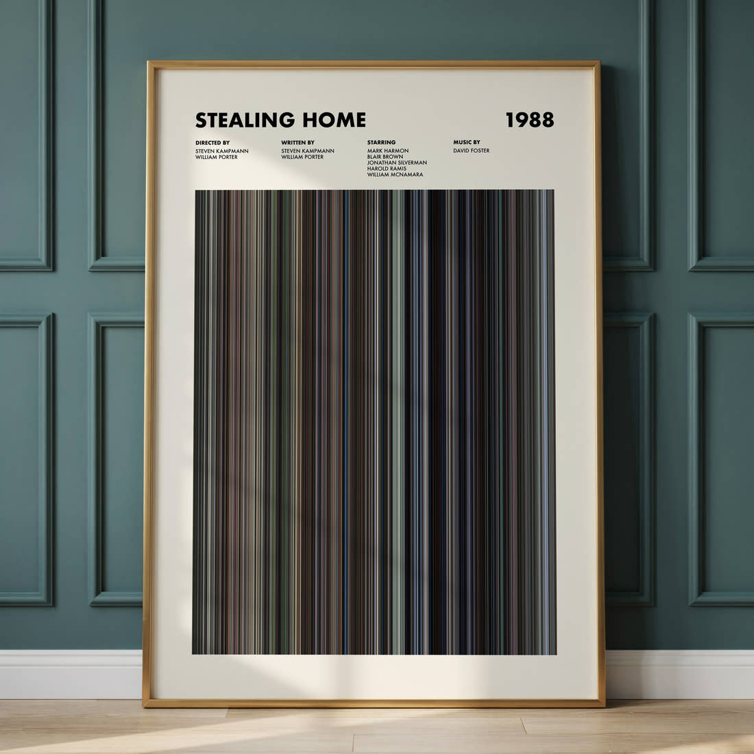 Stealing Home Movie Barcode Poster framed and leaning against a panelled wall
