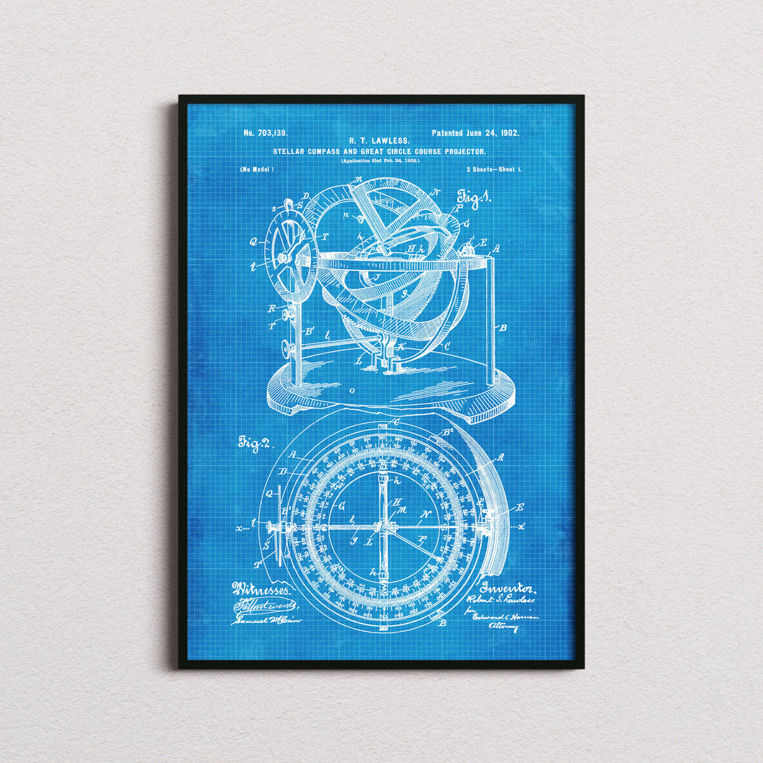 Stellar Compass Patent Print in the blueprint colourway, framed