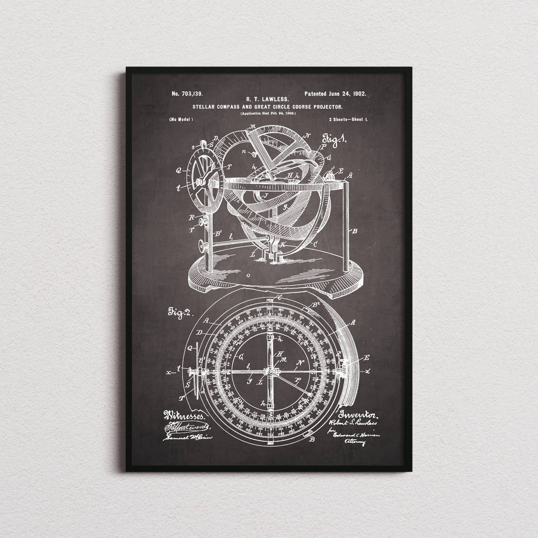 Stellar Compass Patent Print in the blackboard colourway, framed