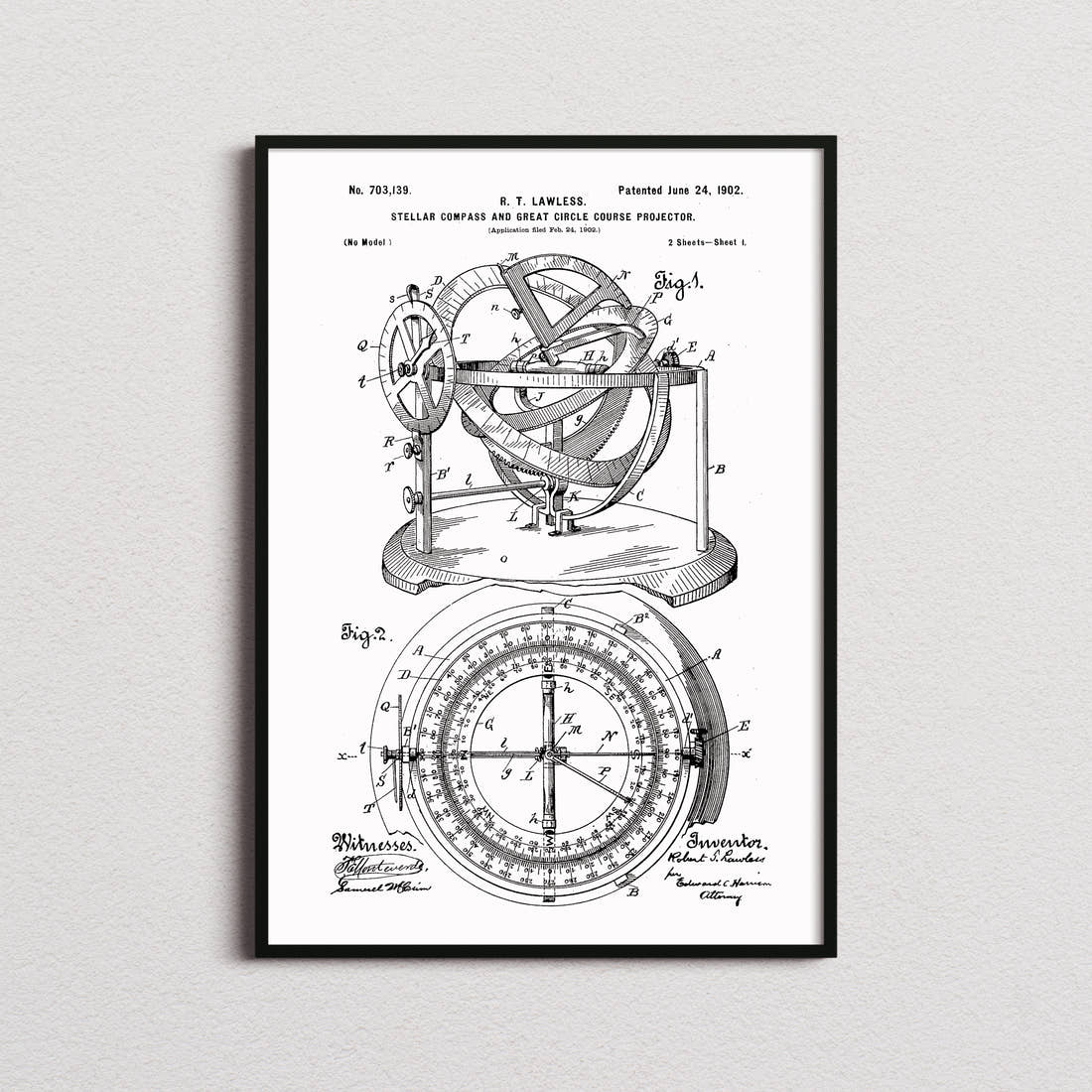 Stellar Compass Patent Print in the white colourway, framed