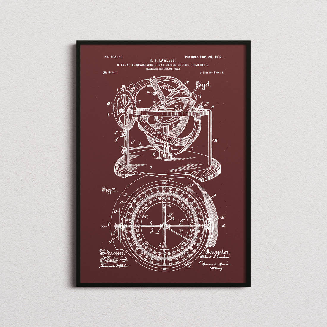 Stellar Compass Patent Print in the burgundy colourway, framed