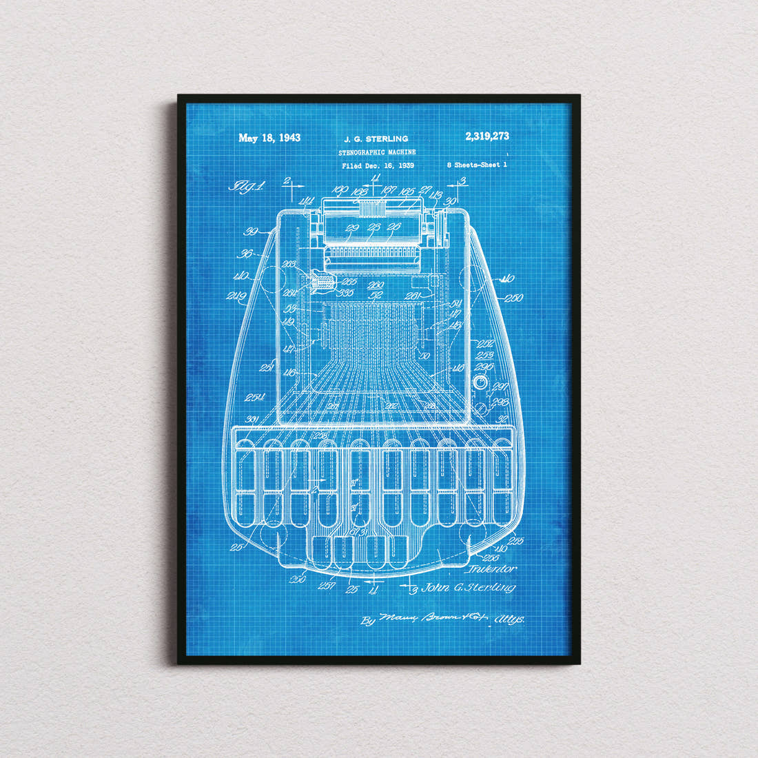 Stenographic Machine Patent Print in the blueprint colourway, framed