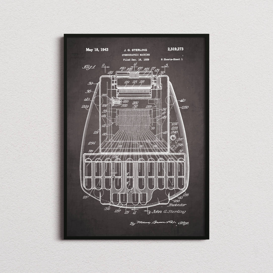 Stenographic Machine Patent Print in the blackboard colourway, framed