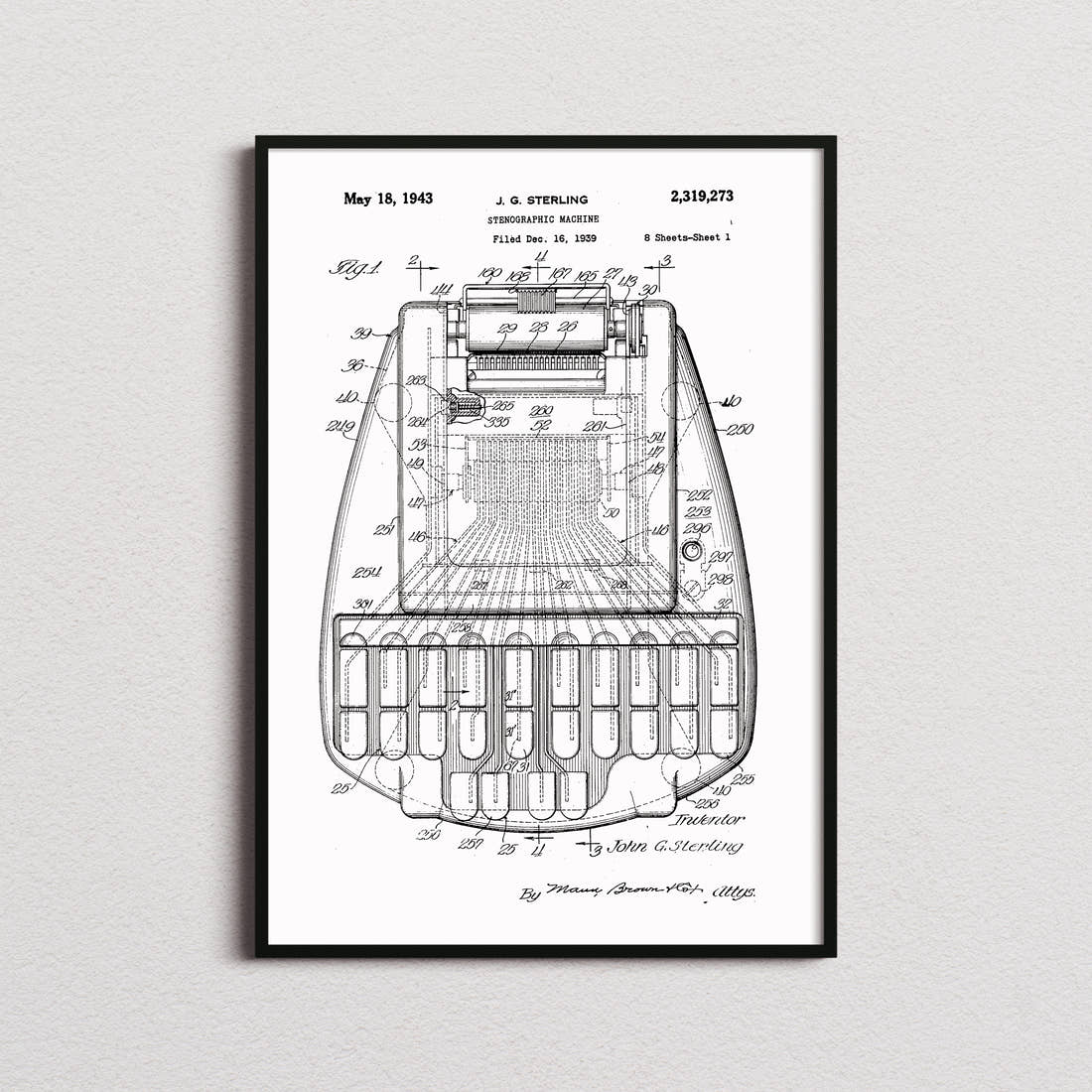 Stenographic Machine Patent Print in the white colourway, framed
