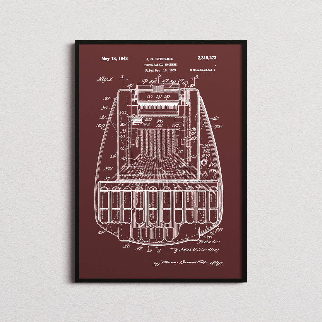 Stenographic Machine Patent Print in the burgundy colourway, framed
