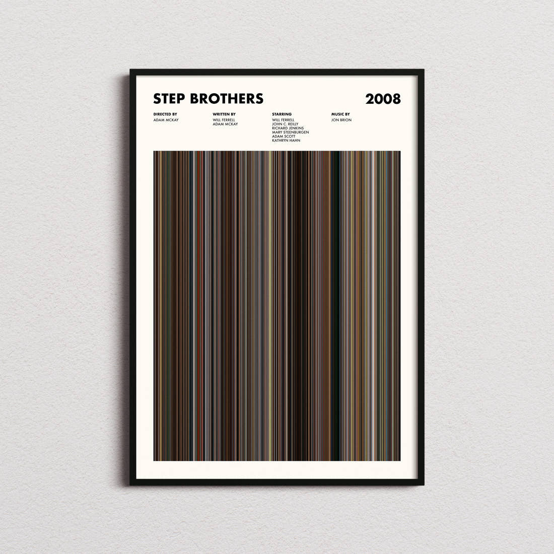 Step Brothers Movie Barcode Poster framed on a plain studio wall