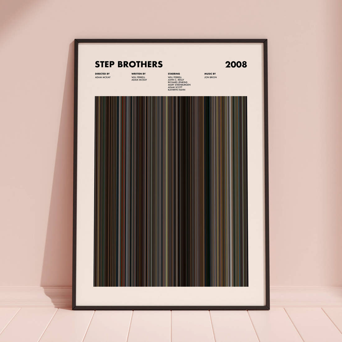 Step Brothers Movie Barcode Poster framed and leaning against a coloured wall