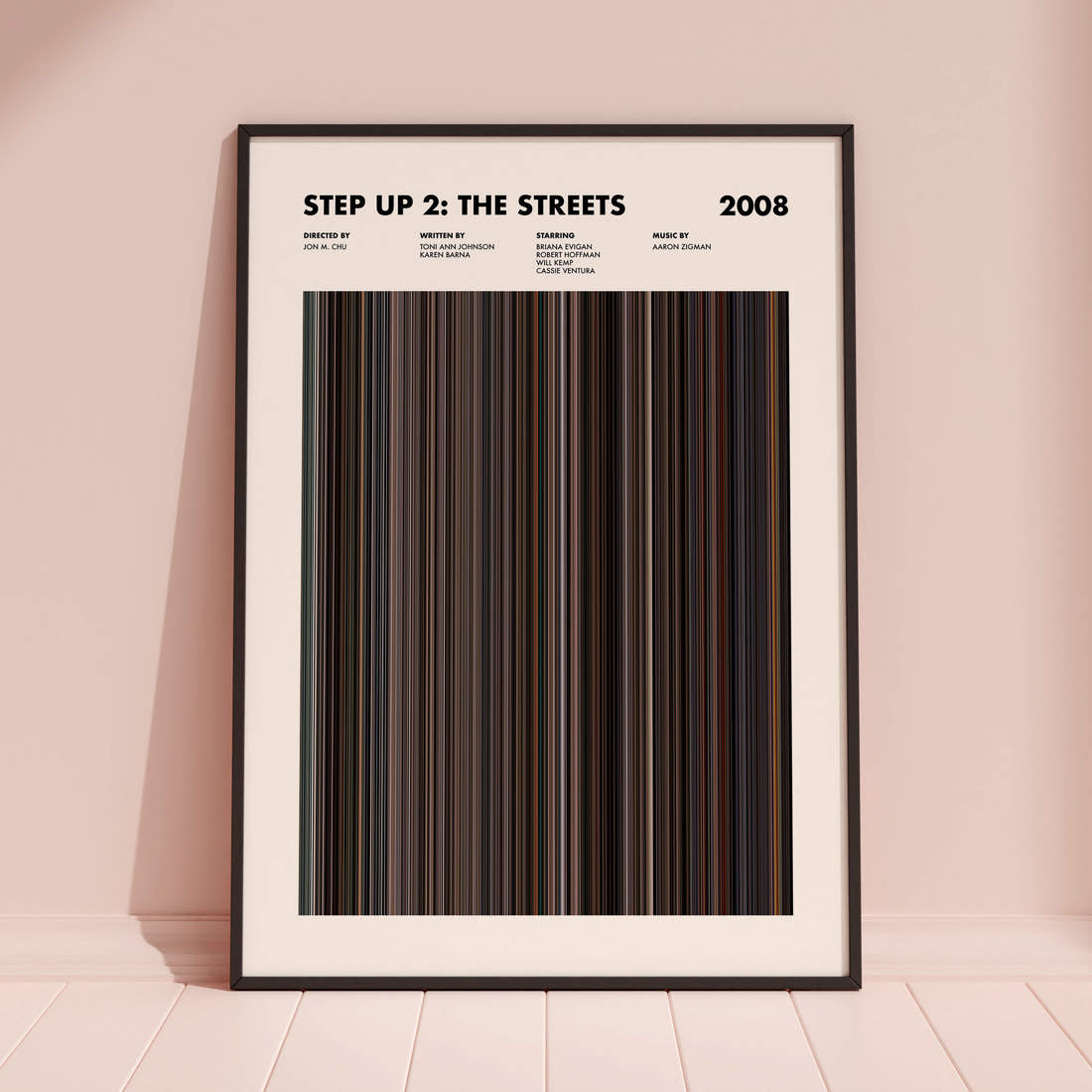 Step Up 2: The Streets Movie Barcode Poster framed and leaning against a coloured wall