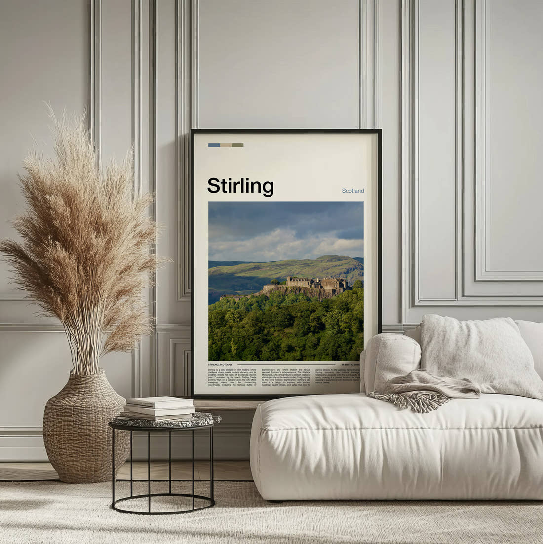 Stirling Stirling Castle Travel Print framed on the wall of a calm, neutral bedroom
