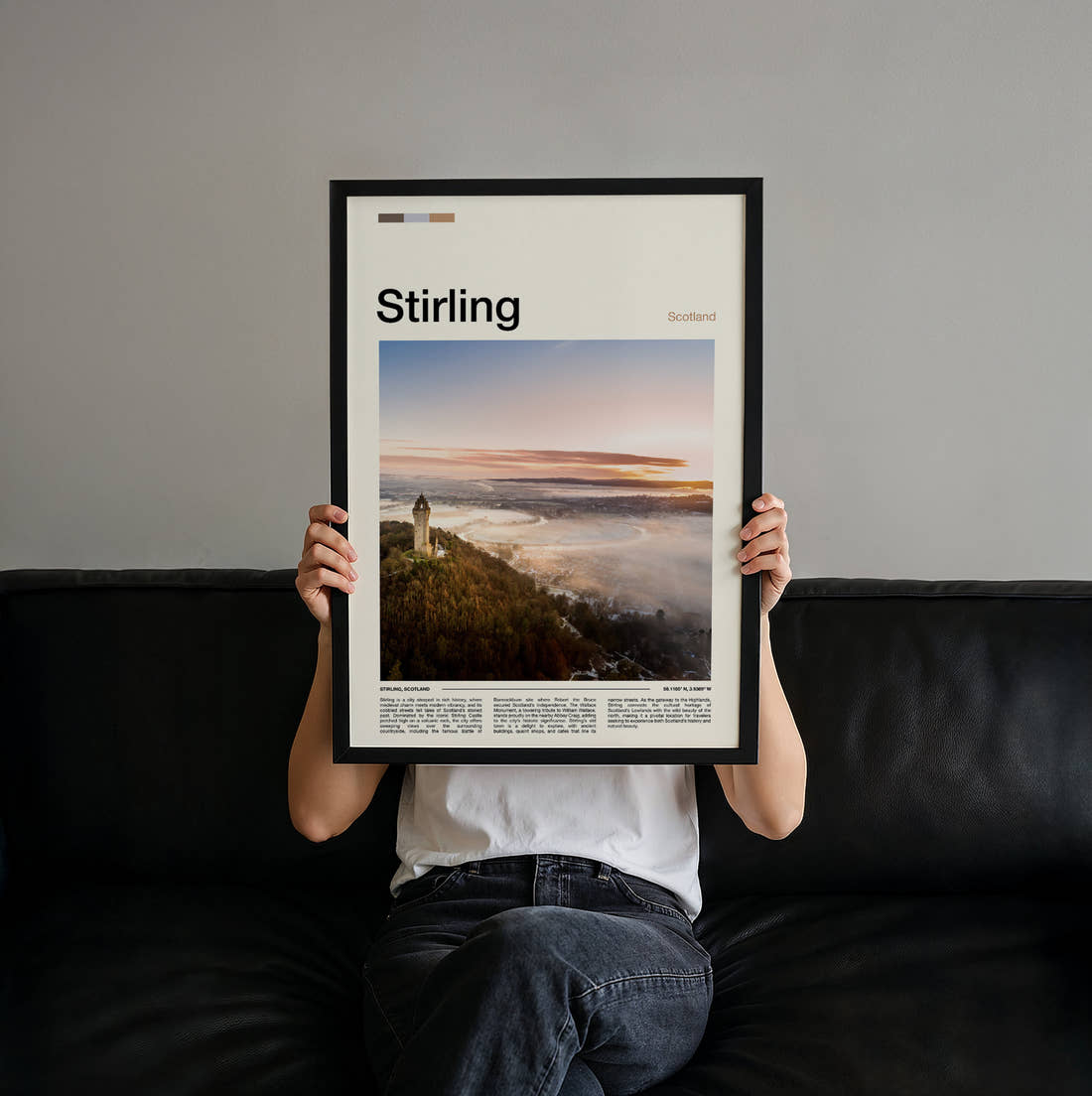 Stirling Wallace Monument Travel Print held up by hand to show the size of the print