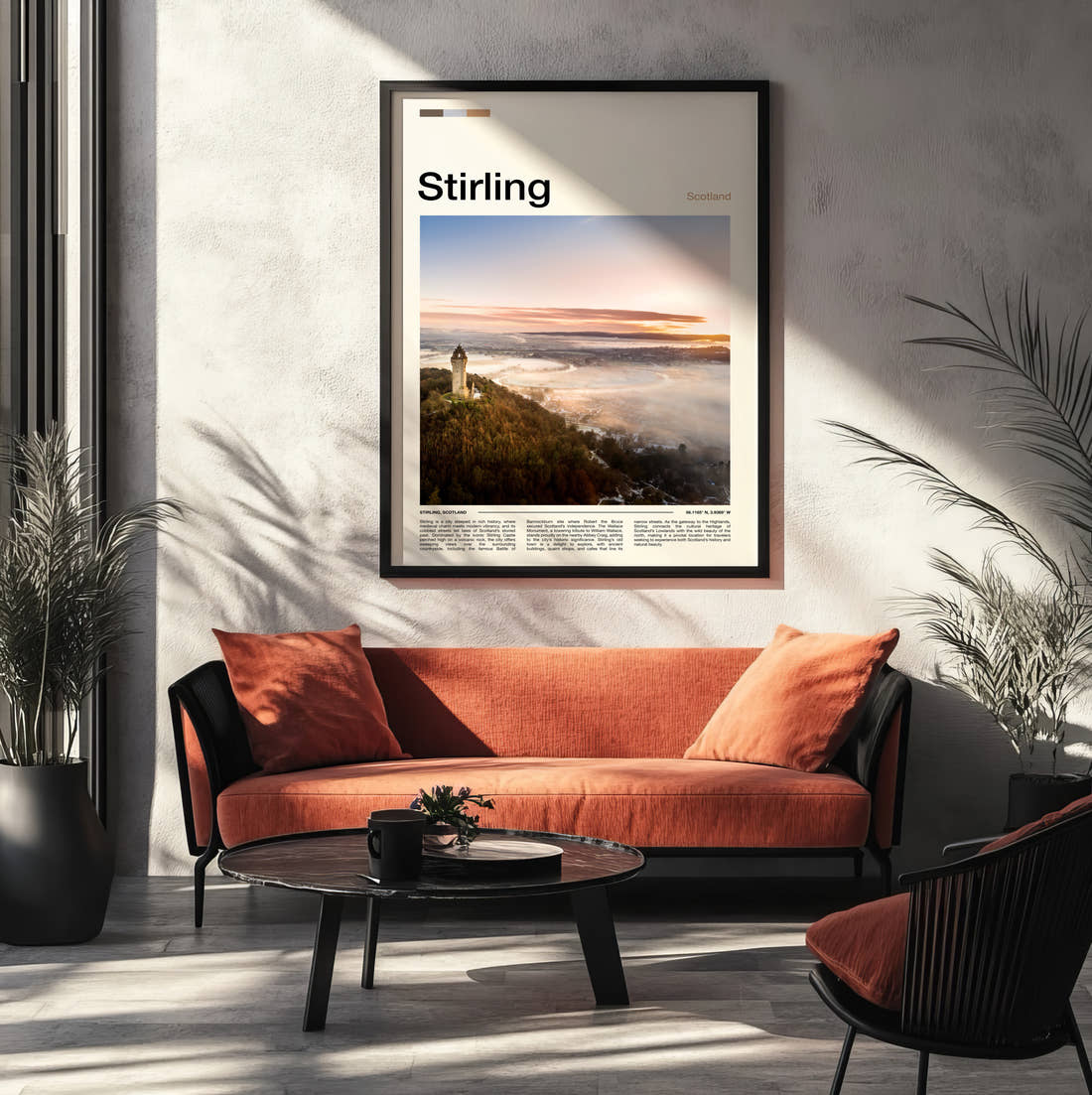 Stirling Wallace Monument Travel Print framed on the wall of a modern living room