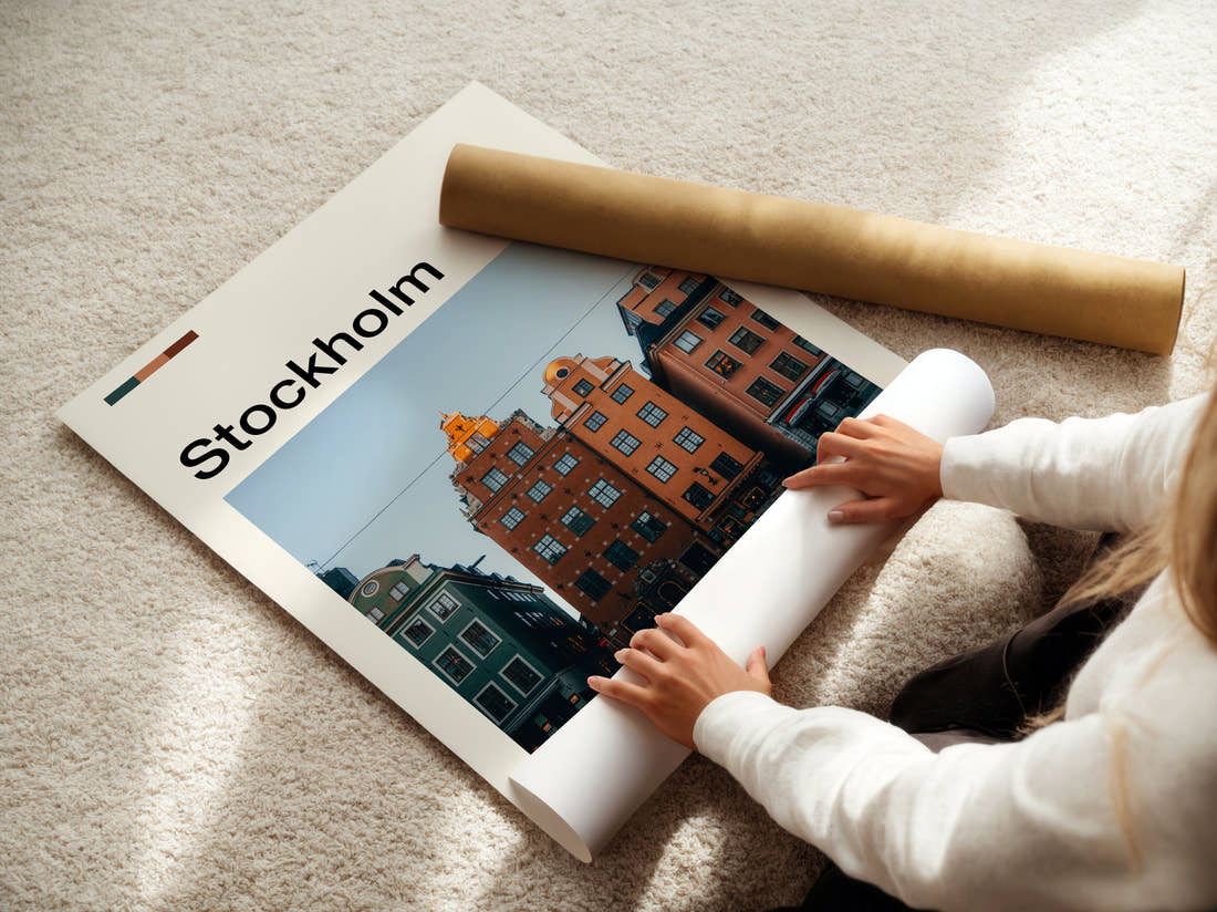 Stockholm Colourful Old Town Houses Travel Print being unrolled from its postal tube