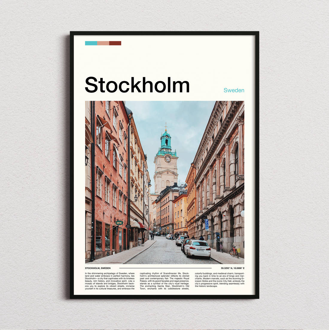 Stockholm Street And Clock Tower Travel Print framed and photographed straight on