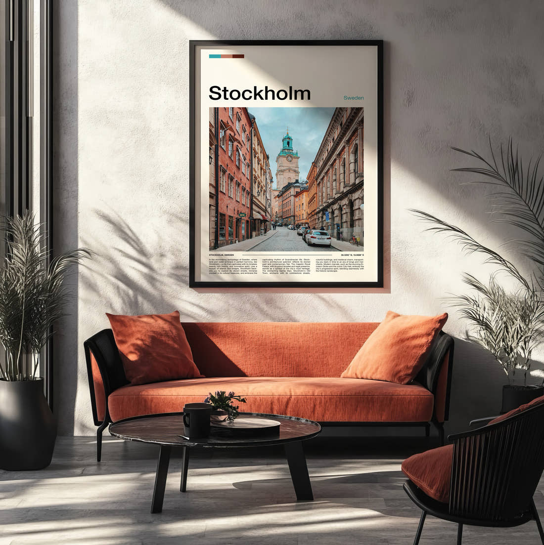 Stockholm Street And Clock Tower Travel Print framed on the wall of a modern living room
