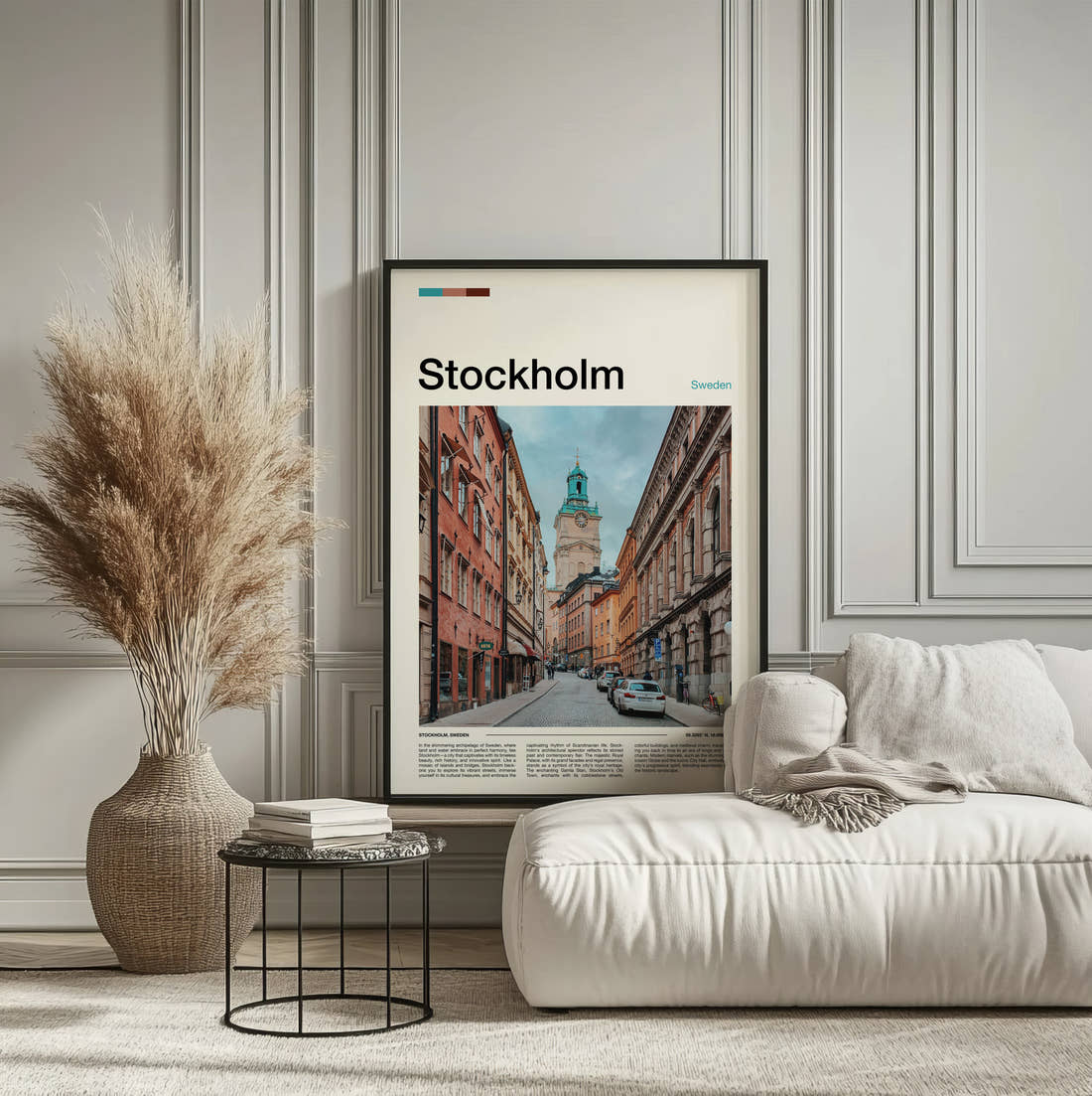 Stockholm Street And Clock Tower Travel Print framed on the wall of a calm, neutral bedroom