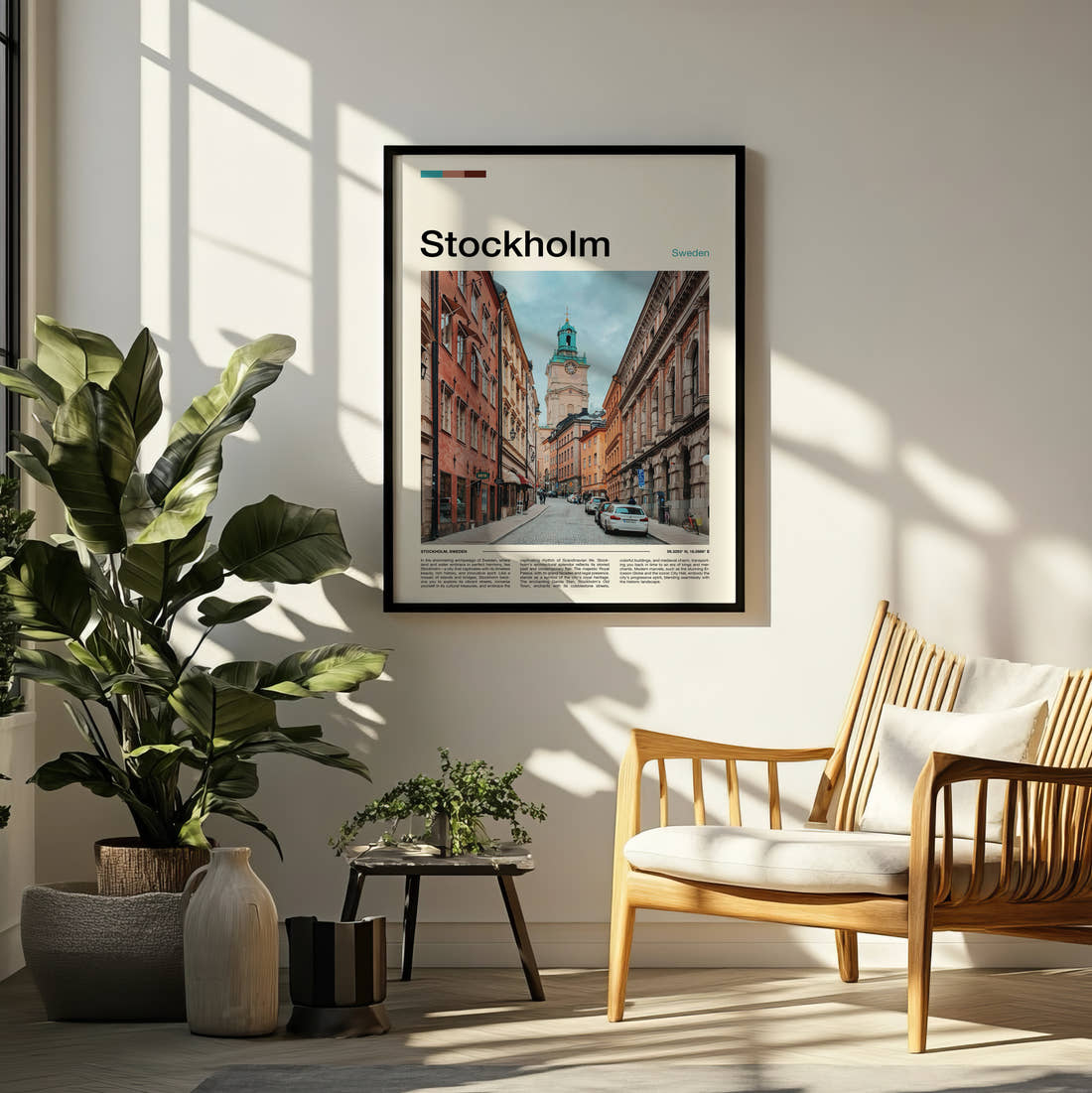 Stockholm Street And Clock Tower Travel Print framed on a pale wall beside houseplants