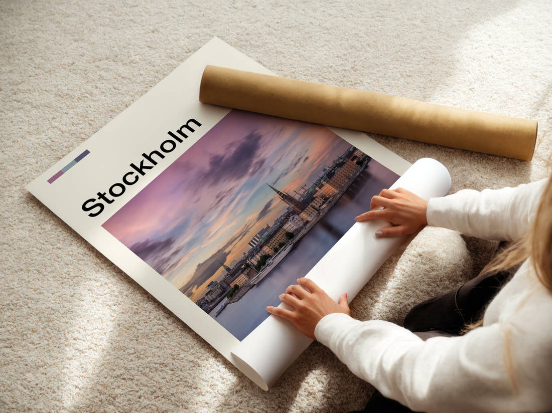 Stockholm Waterfront At Sunset Travel Print being unrolled from its postal tube