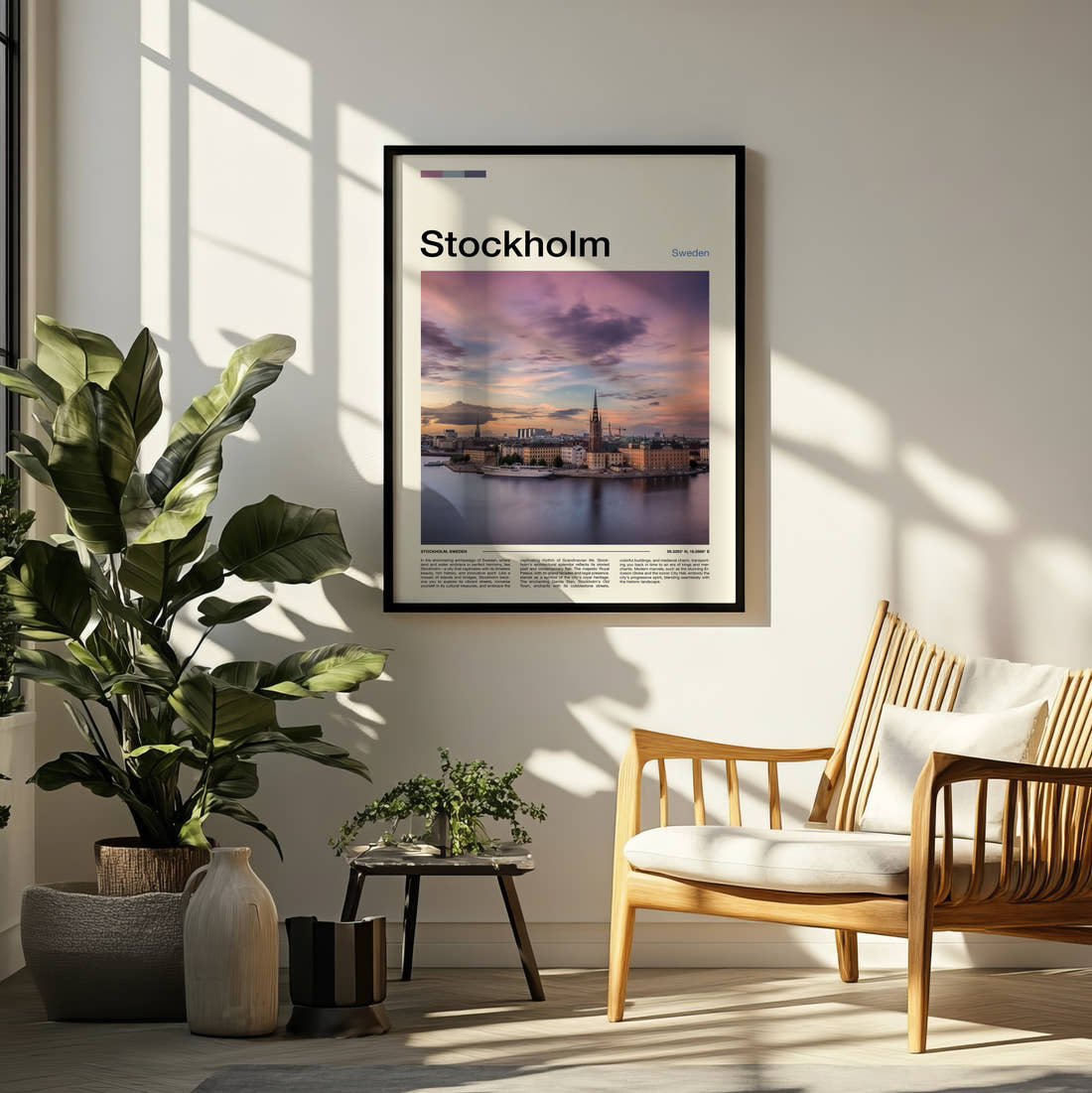 Stockholm Waterfront At Sunset Travel Print framed on a pale wall beside houseplants