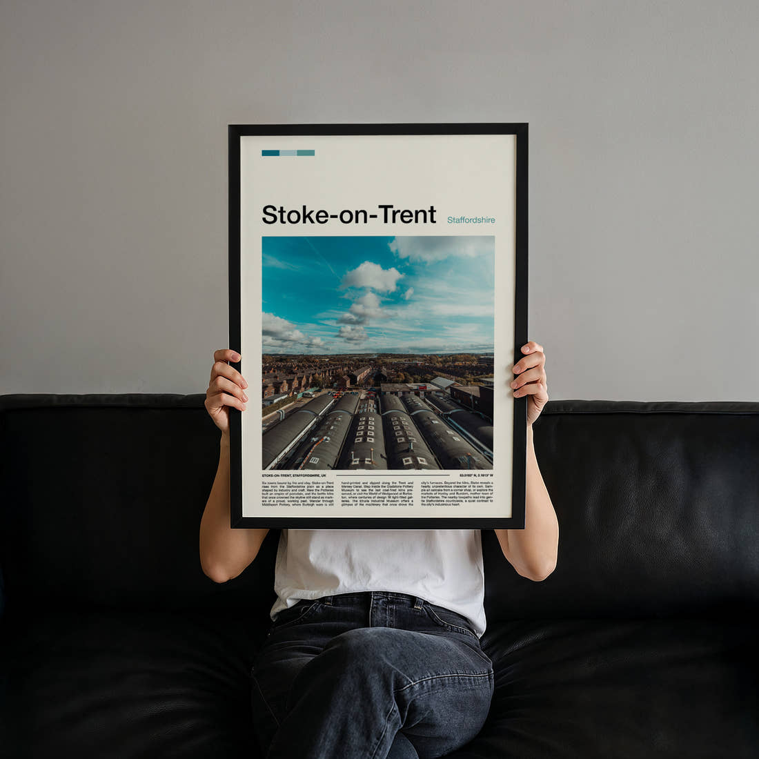 Stoke-on-Trent Bottle Kiln Rooftops Travel Print held up by hand to show the size of the print