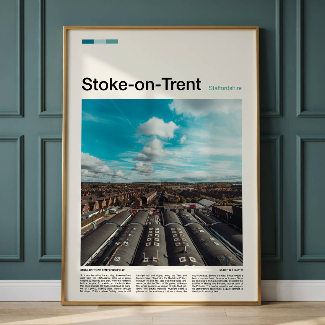 Stoke-on-Trent Bottle Kiln Rooftops Travel Print framed on the wall of a calm, neutral bedroom