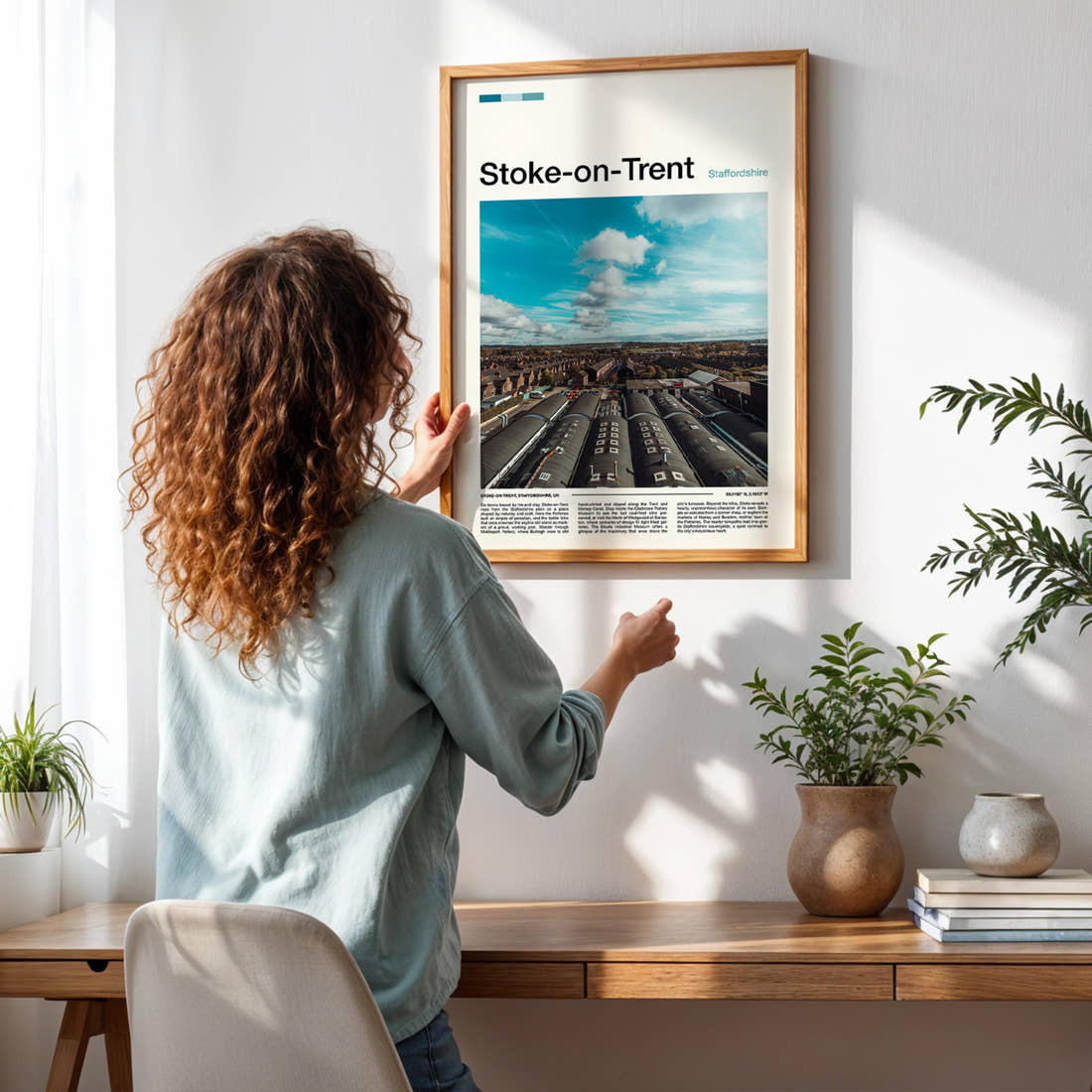 Stoke-on-Trent Bottle Kiln Rooftops Travel Print framed on a pale wall beside houseplants