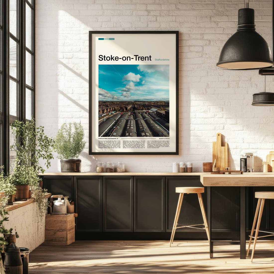 Stoke-on-Trent Bottle Kiln Rooftops Travel Print framed on the wall of a bright kitchen and dining space