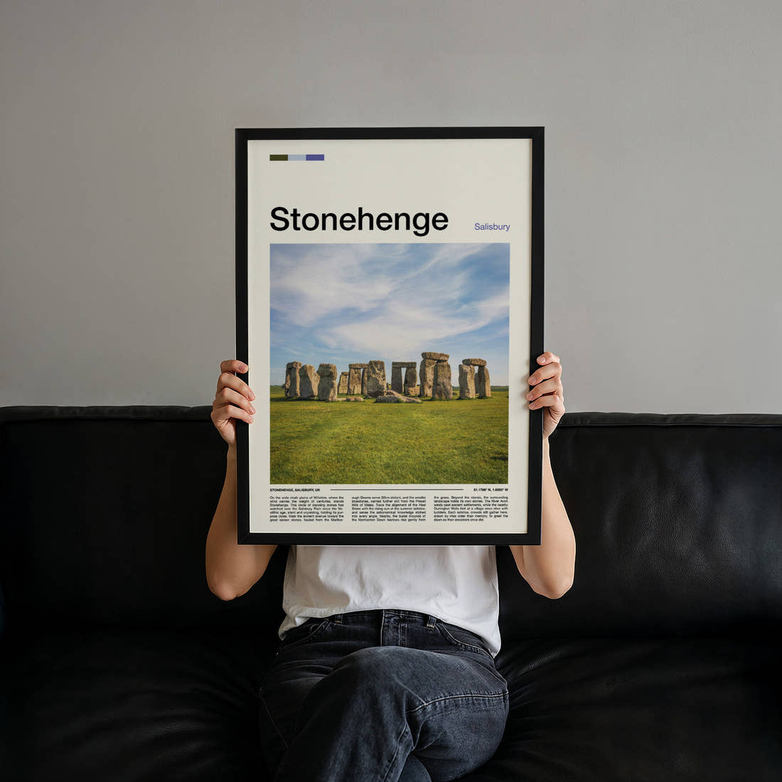 Stonehenge Ancient Standing Stones Travel Print held up by hand to show the size of the print