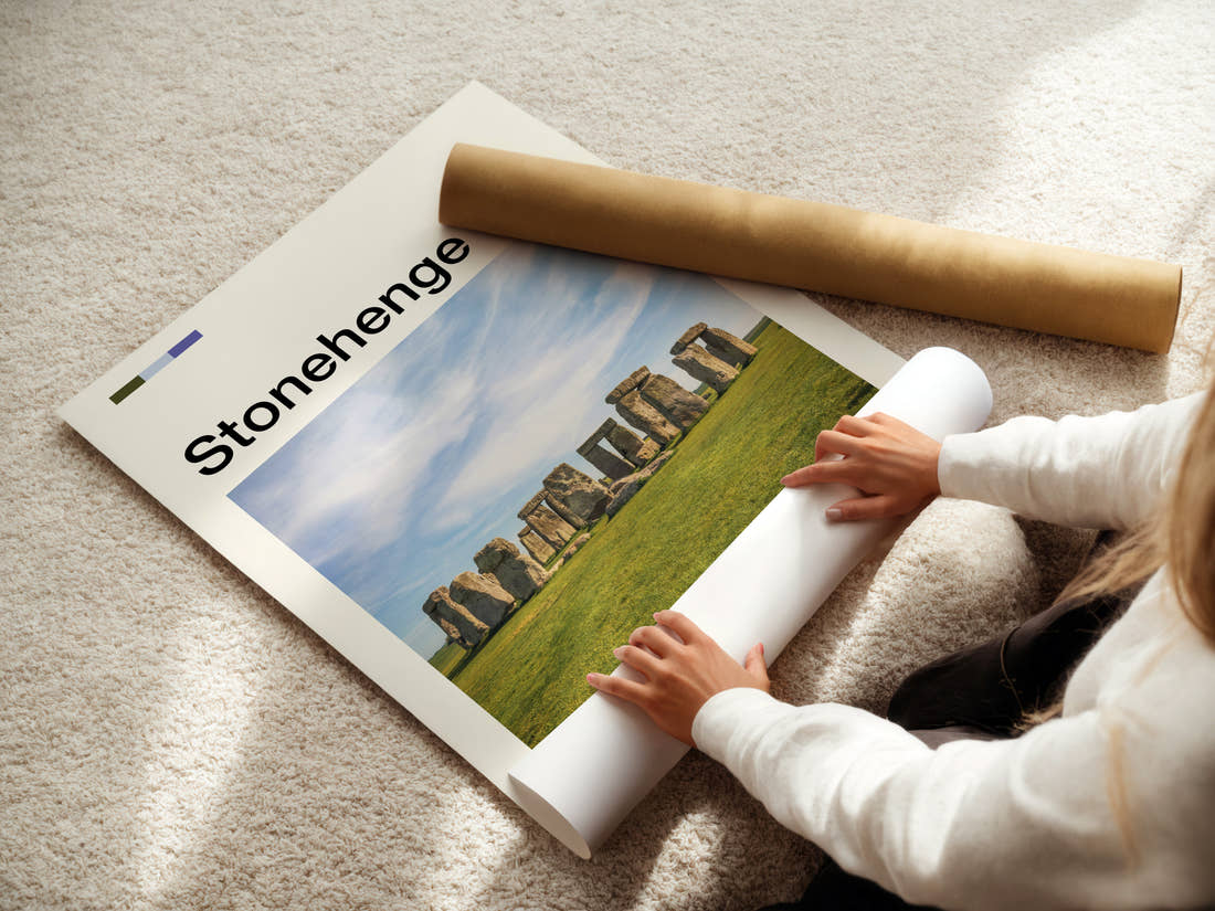 Stonehenge Ancient Standing Stones Travel Print being unrolled from its postal tube