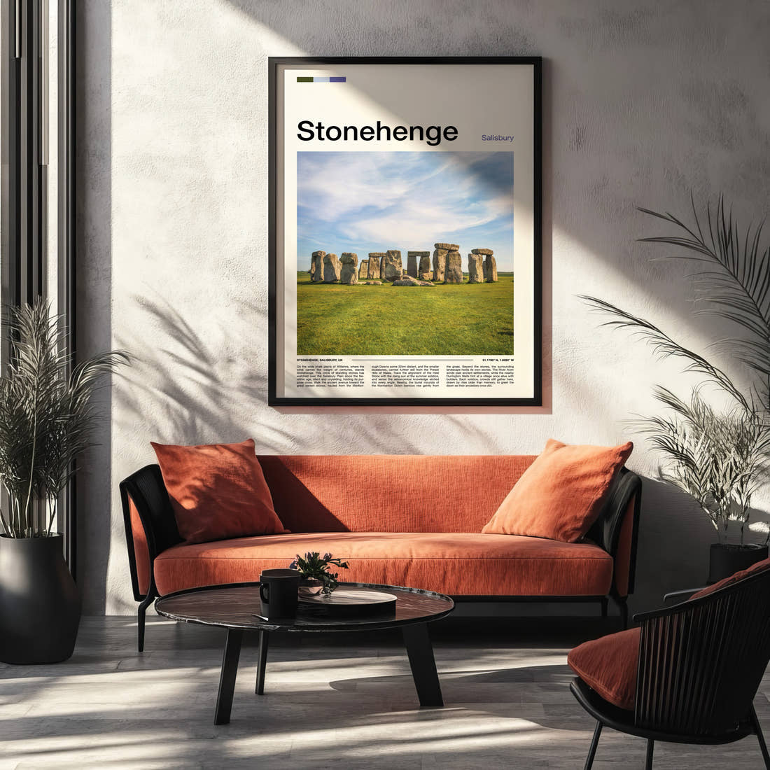 Stonehenge Ancient Standing Stones Travel Print framed on the wall of a modern living room