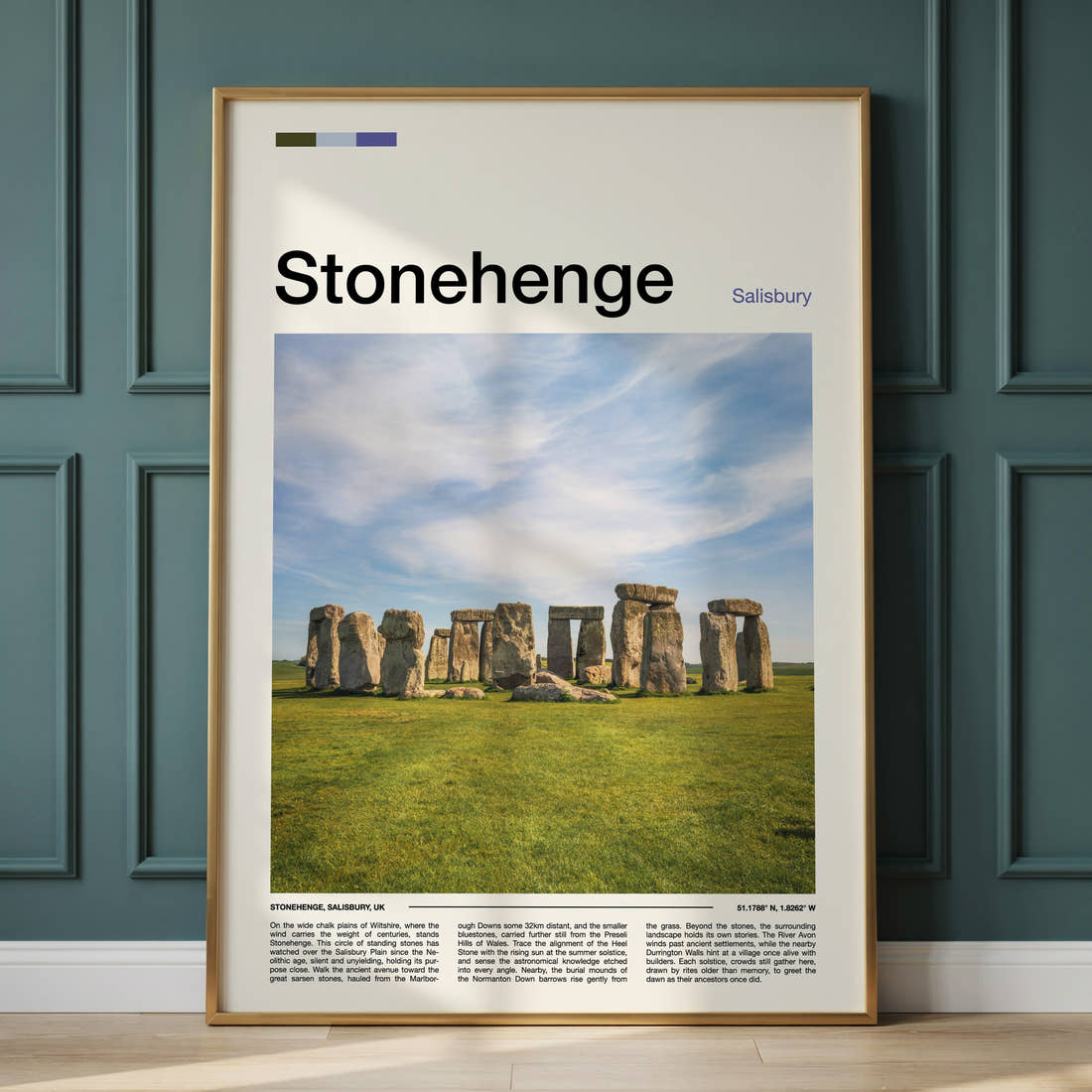 Stonehenge Ancient Standing Stones Travel Print framed on the wall of a calm, neutral bedroom