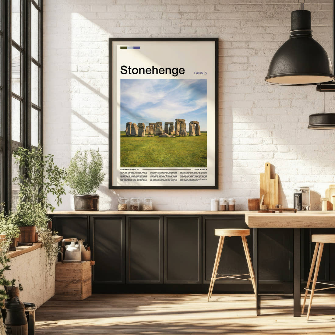 Stonehenge Ancient Standing Stones Travel Print framed on the wall of a bright kitchen and dining space