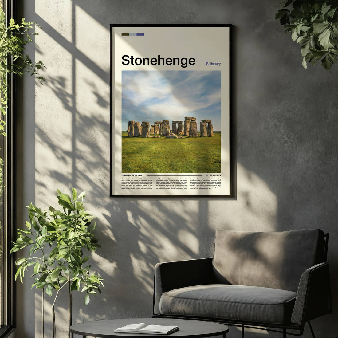 Stonehenge Ancient Standing Stones Travel Print framed on the wall of a relaxed living room