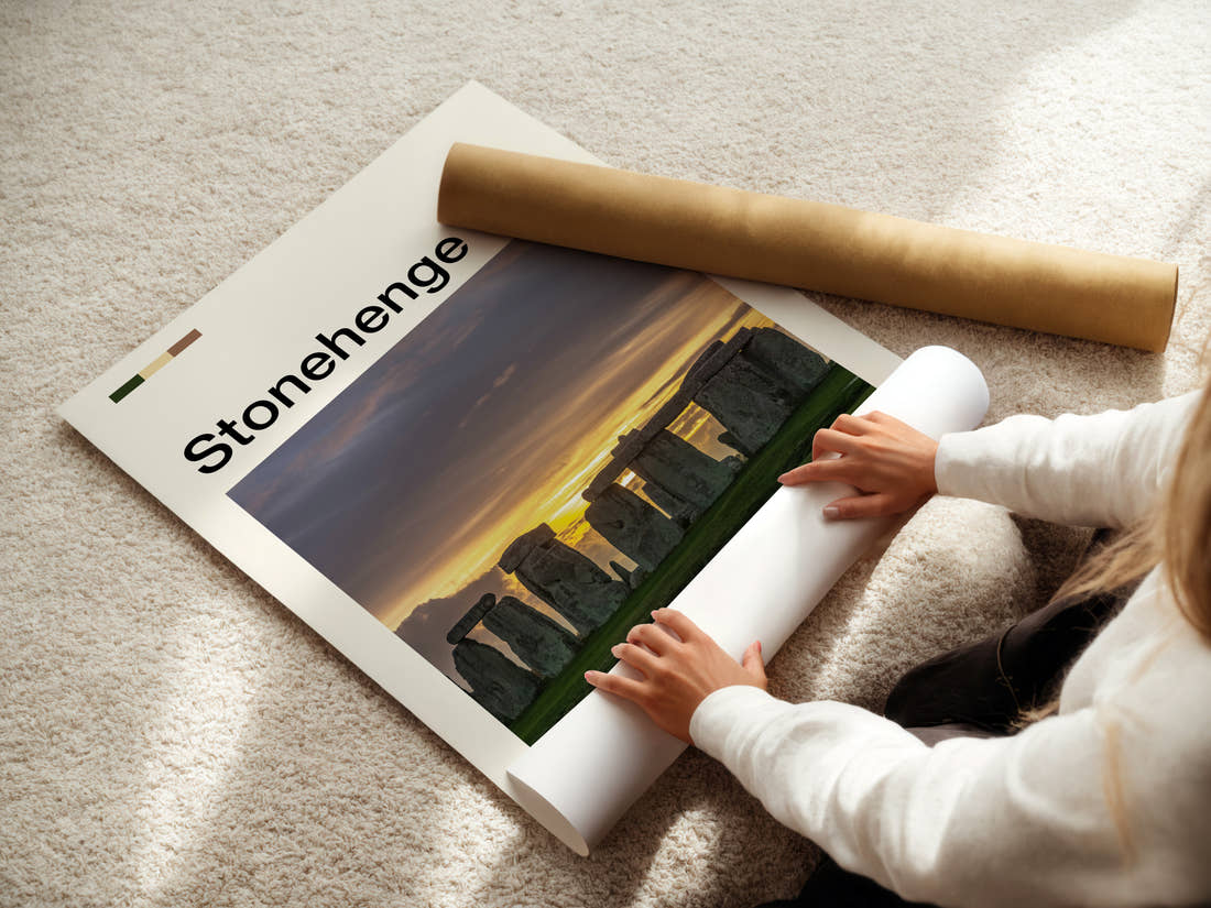 Stonehenge Ancient Stone Circle Travel Print being unrolled from its postal tube