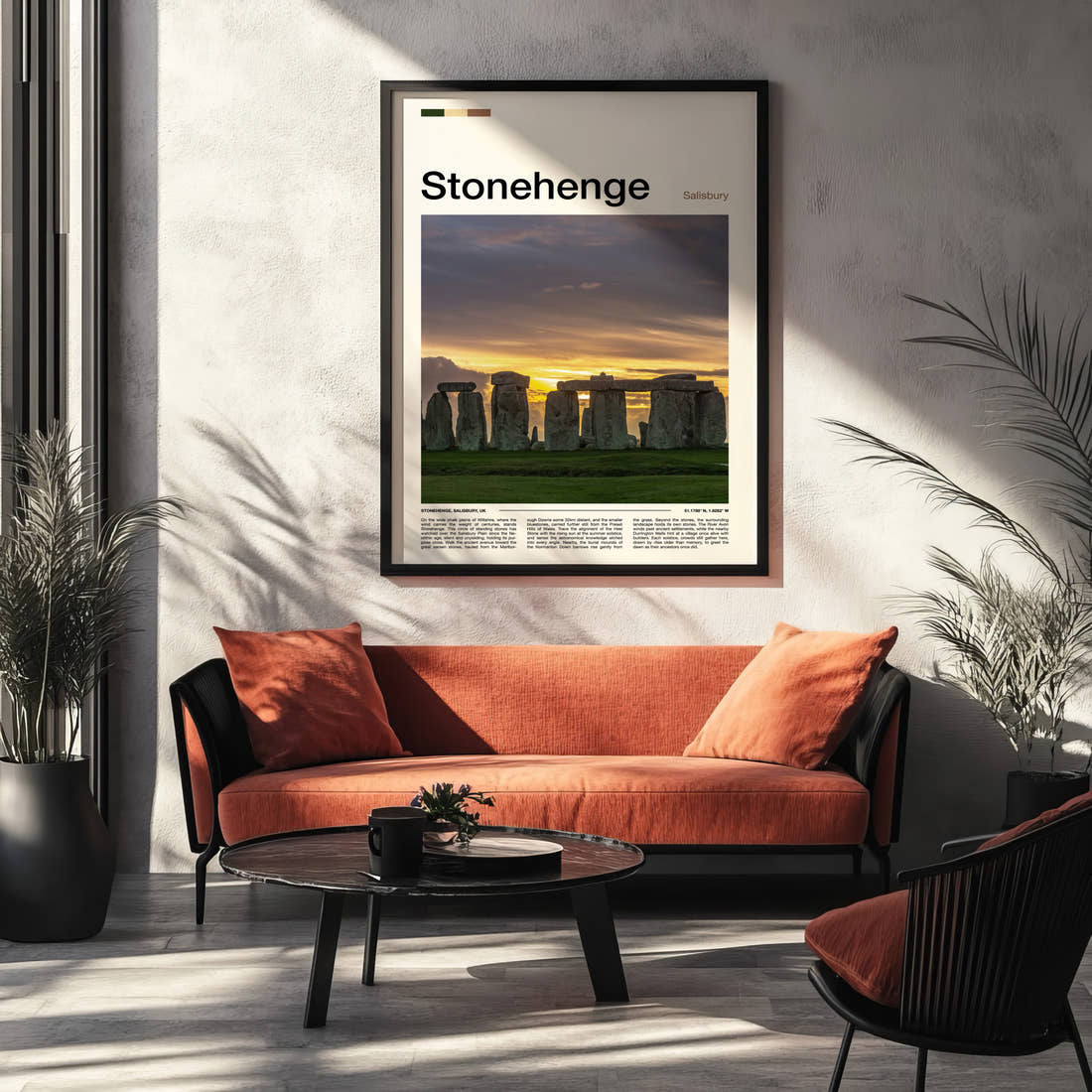 Stonehenge Ancient Stone Circle Travel Print framed on the wall of a modern living room