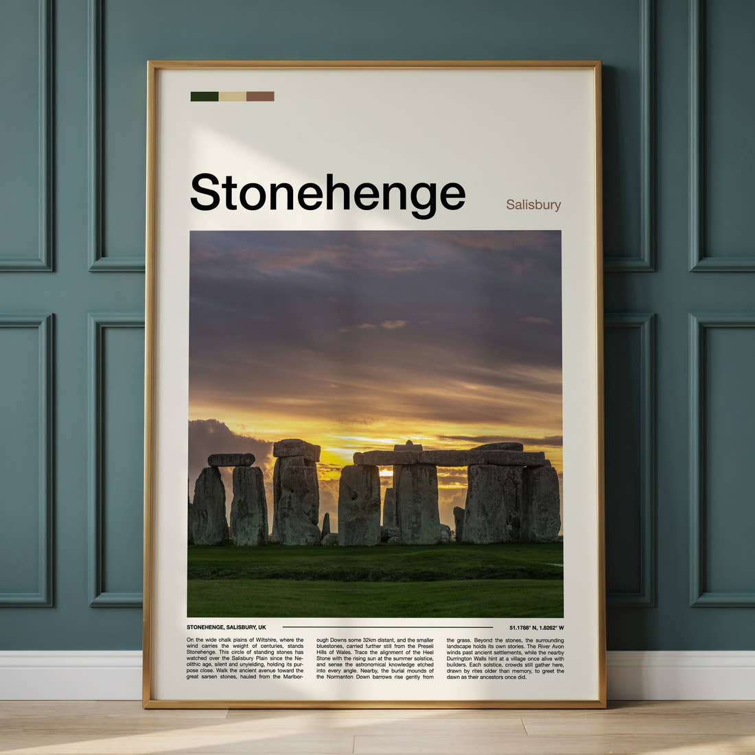 Stonehenge Ancient Stone Circle Travel Print framed on the wall of a calm, neutral bedroom