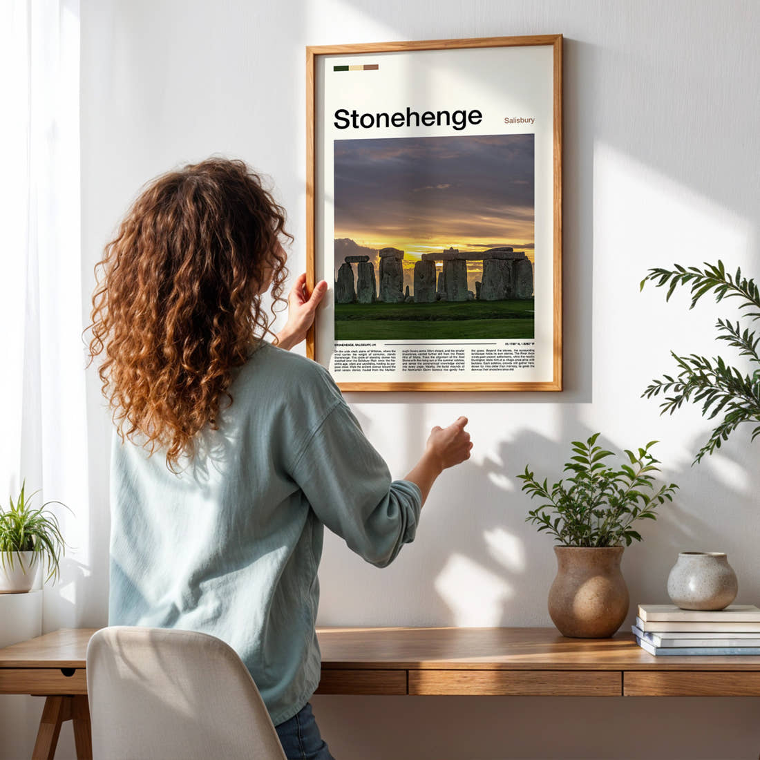 Stonehenge Ancient Stone Circle Travel Print framed on a pale wall beside houseplants