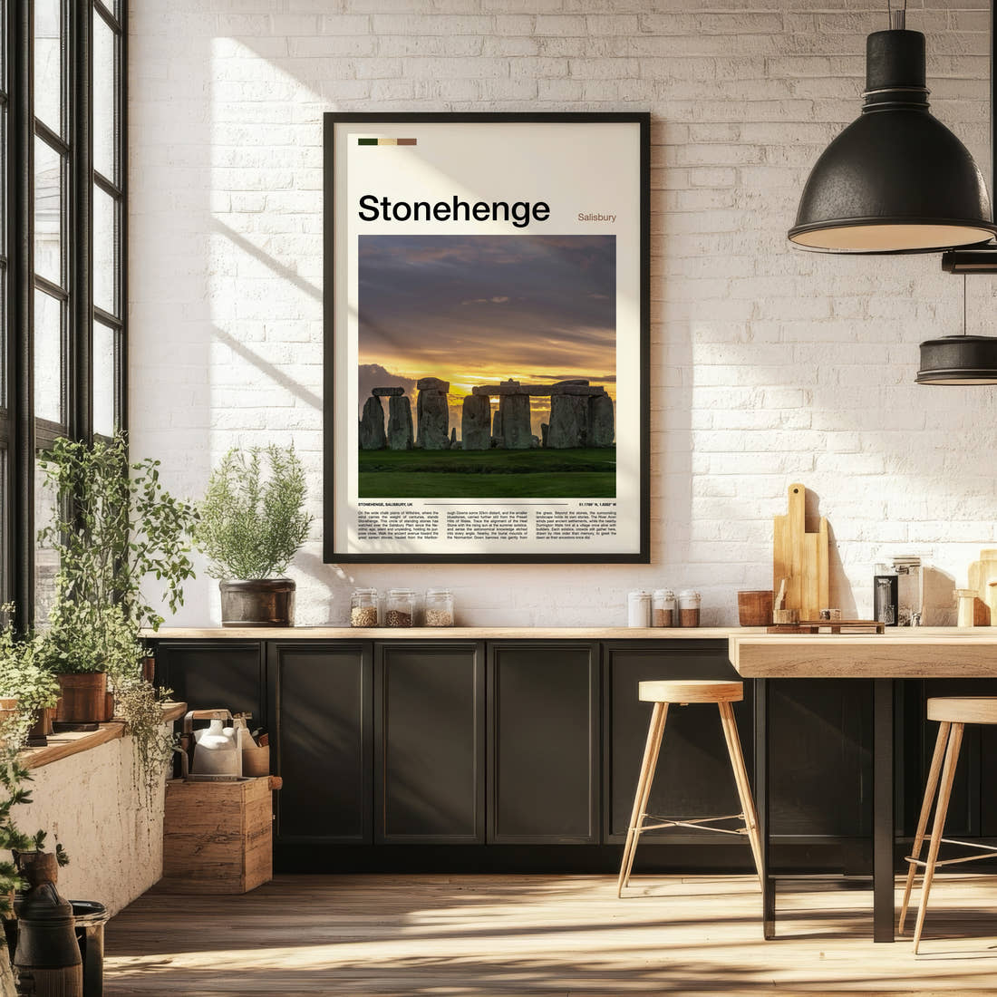 Stonehenge Ancient Stone Circle Travel Print framed on the wall of a bright kitchen and dining space