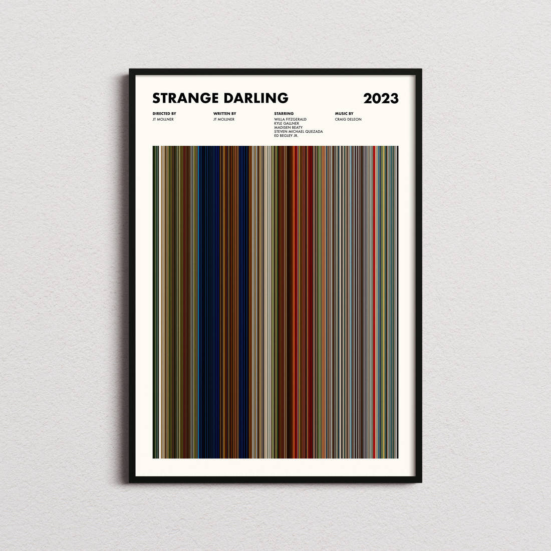 Strange Darling Movie Barcode Poster framed on a plain studio wall