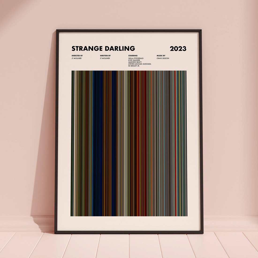 Strange Darling Movie Barcode Poster framed and leaning against a coloured wall