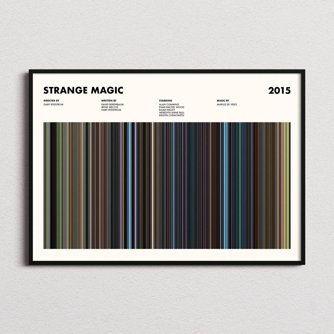 Strange Magic Movie Barcode Poster framed and photographed straight on