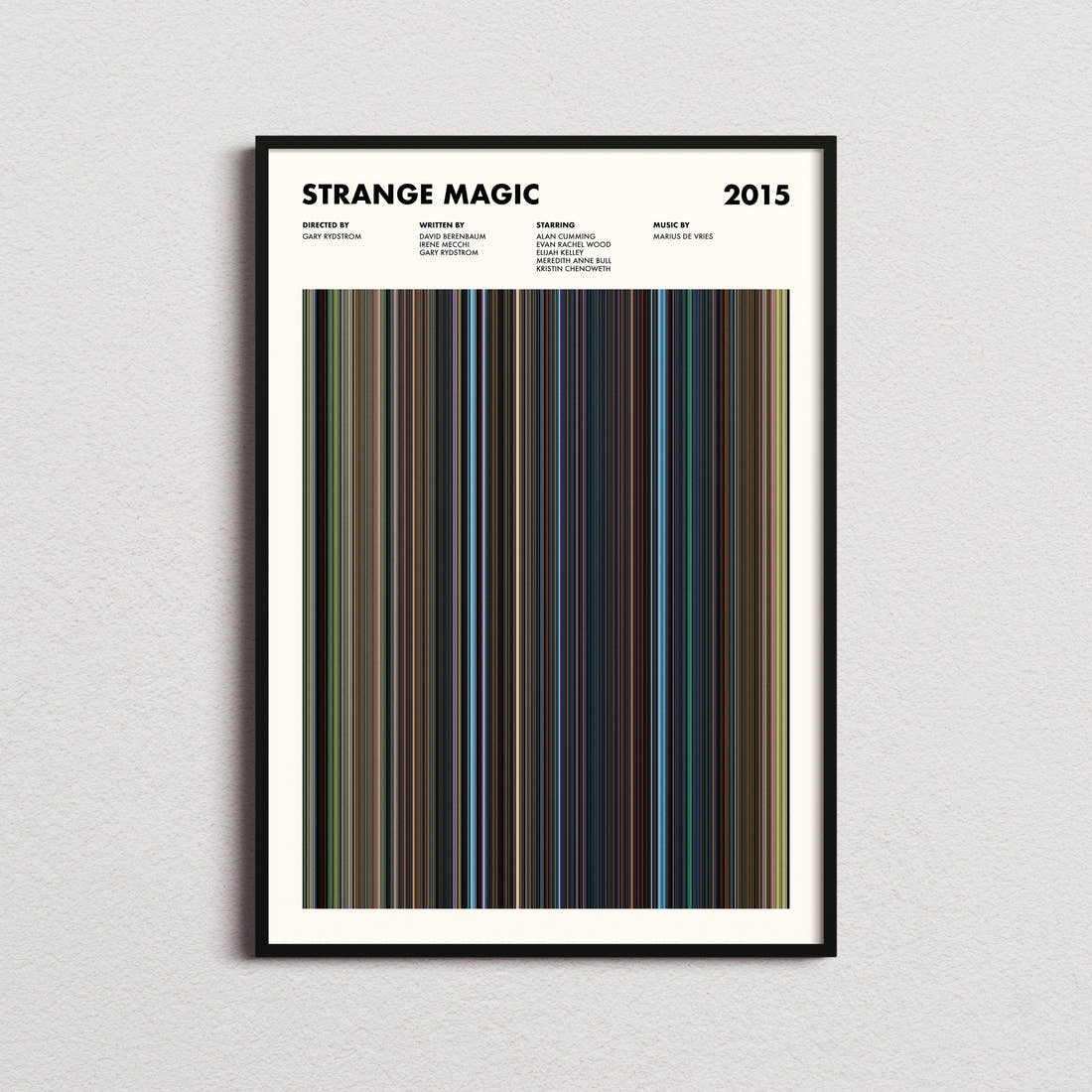 Strange Magic Movie Barcode Poster framed on a plain studio wall