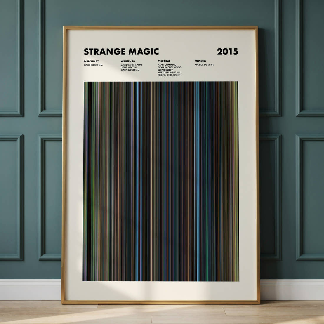 Strange Magic Movie Barcode Poster framed and leaning against a panelled wall