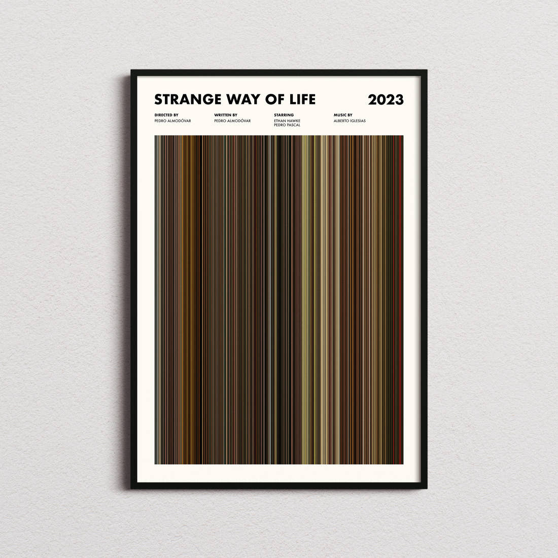 Strange Way of Life Movie Barcode Poster framed on a plain studio wall