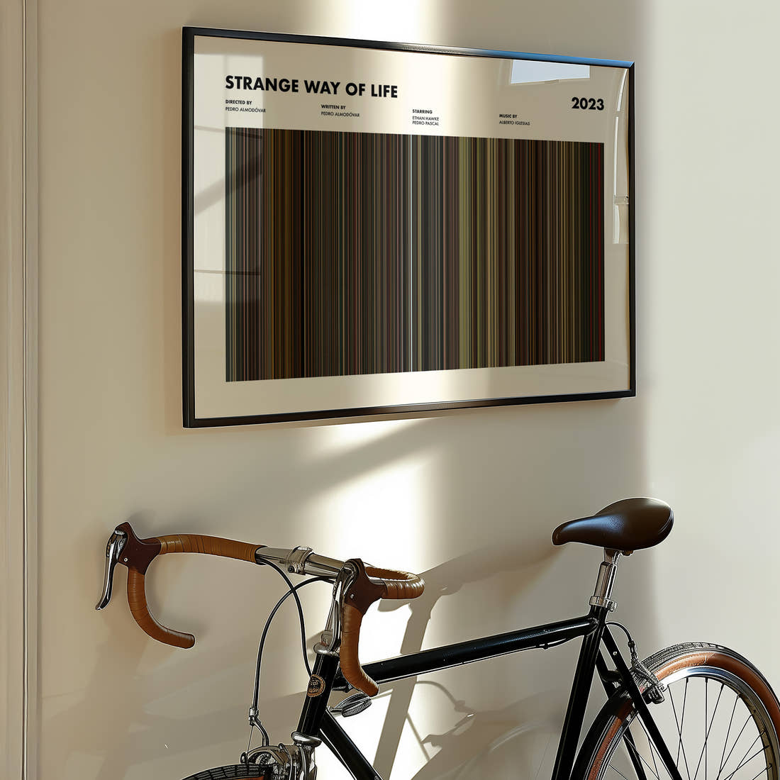 Strange Way of Life Movie Barcode Poster framed on the wall of a styled room setting