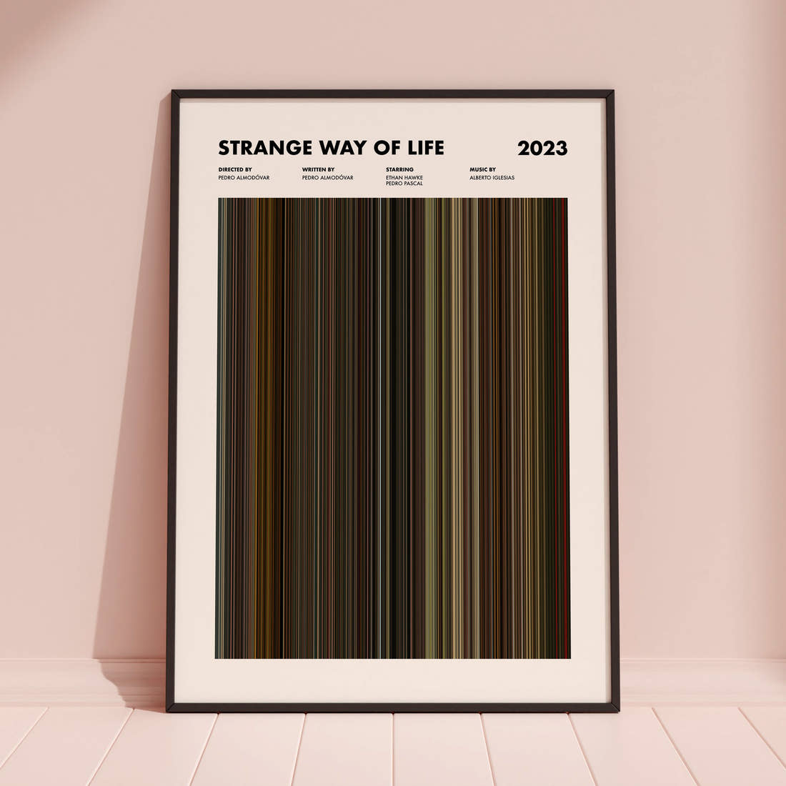 Strange Way of Life Movie Barcode Poster framed and leaning against a coloured wall