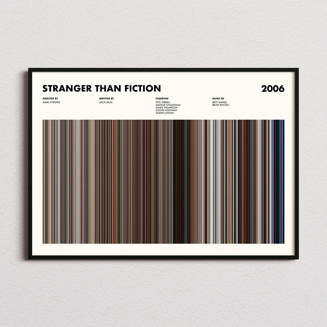 Stranger Than Fiction Movie Barcode Poster framed and photographed straight on