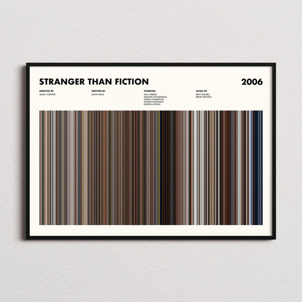 Stranger Than Fiction Movie Barcode Poster framed and photographed straight on