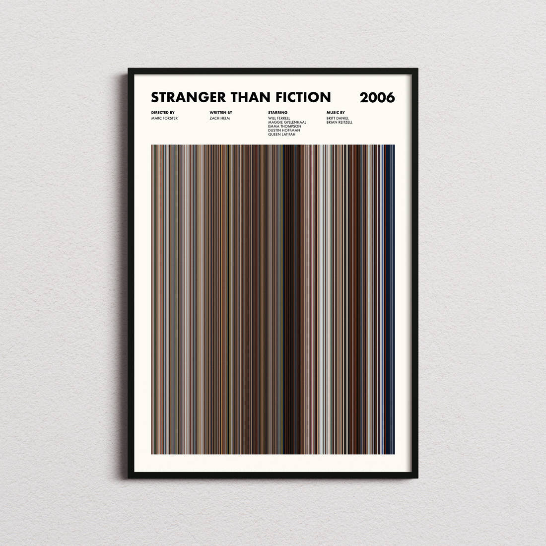 Stranger Than Fiction Movie Barcode Poster framed on a plain studio wall