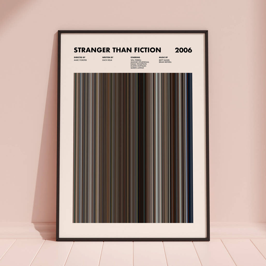 Stranger Than Fiction Movie Barcode Poster framed and leaning against a coloured wall